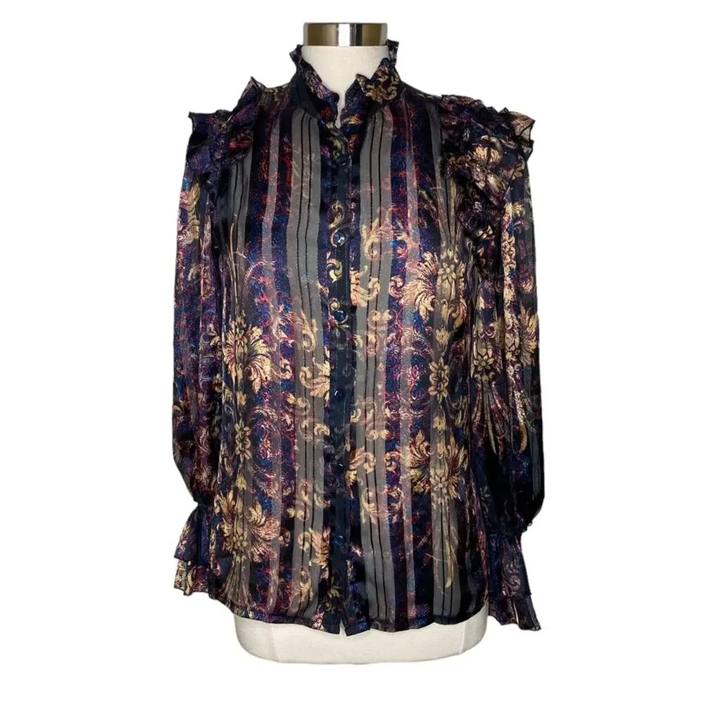 Jeff Gallano Printed Button Front Long Sleeve Sheer Blouse Women's UK 1‎ US 6 8